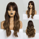 GEMMA Synthetic Long Wavy Dark Brown Golden Highlight Wig for Black Women African American Cosplay Wig with Bangs Heat Resistant