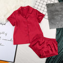 HiLoc Solid Satin Sleepwear Silk Pajamas Set Top And Shorts Two Piece Set Pyjamas Women Pajama Short Sleeve Home Suit Casual