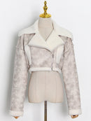 VGH Korean Fashion Patchwork PU Leather Colorblock Jacket For Women Lapel Collar Long Sleeve Zipper Coats Female Winter Clothing
