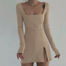 Rockmore Split Lace Sexy Mini Dress Women Transparent Long Sleeve Bodycon Square Collar Above Knee Dresses Party Dress Vedtidos