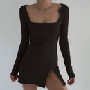 Rockmore Split Lace Sexy Mini Dress Women Transparent Long Sleeve Bodycon Square Collar Above Knee Dresses Party Dress Vedtidos
