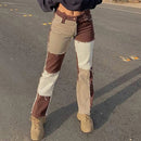 Autumn Brown Women Cowboy Striped Patchwork Jeans Street Casual Hip Hop High Waist Loose Straight Jeans Women&