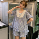 女士睡衣套装 家居服 棉质 格子 蕾丝 蝴蝶结 短款 拼接 可爱 女士 萝莉风格 两件套 2020 新款 睡衣