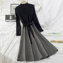 ALPHALMODA High Collar A-line Knit Dress Women's 2019 New Thickened Arrow Striped Women Elegant Sashes Knitted Dress