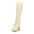 Gdgydh 2022 Patent Leather Women Knee-High Boots Red Wedding Boots Lace-up Round Toe Thich High Heels Female Boots Plus Size 48