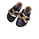 SUOJIALUN  New Brand Design Gold Chain Women Slipper Closed Toe Slip On Mules Shoes Round Toe Low Heels Casual Slides Flip Flop