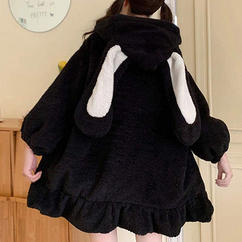 兔耳朵连帽衫女拉链卫衣外套长灯笼袖连帽洛丽塔可爱甜美少女原宿风保暖宽松上衣
