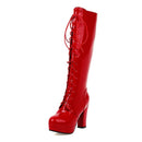 Gdgydh 2022 Patent Leather Women Knee-High Boots Red Wedding Boots Lace-up Round Toe Thich High Heels Female Boots Plus Size 48