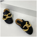 SUOJIALUN  New Brand Design Gold Chain Women Slipper Closed Toe Slip On Mules Shoes Round Toe Low Heels Casual Slides Flip Flop