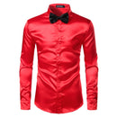 2pcs Silver Silk Shirt+Tie Mens Satin Smooth Tuxedo Shirts Casual Button Down Men Dress Shirts Wedding Party Prom Chemise Homme