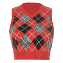 Sweetown Argyle Plaid Knitted Tank Top Female Knitwear Preppy Style Clothes V Neck Casual Crop Sweater Vest 90s Streetwear