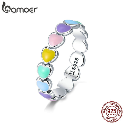 BAMOER 925纯银彩虹心形戒指，适合女孩女士，迷你爱心堆叠银戒指，时尚派对首饰