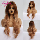 TINY LANA Synthetic Long Ombre Wavy Wigs Brown Blonde Middle Part Cosplay Wigs with Bangs For Women Long Hair Wigs Fake Hair