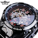 Forsining Waterproof Golden Black Skeleton Clock Two Button Decoration Mechanical Wrist Watches for Men Black Genuine Leather