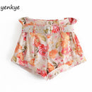 Floral Print Shorts Women Free Belt High Waist Casual Short Mujer Fashion Summer Short femme vetement femme  LDZZ6309