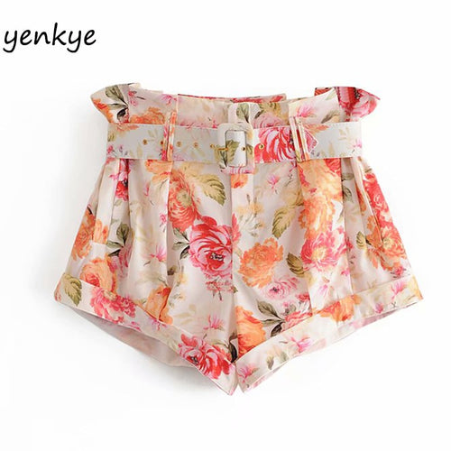 Floral Print Shorts Women Free Belt High Waist Casual Short Mujer Fashion Summer Short femme vetement femme  LDZZ6309