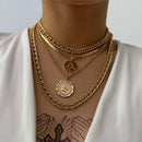 IngeSight.Z Punk Multi Layer Curb Cuban Chunky Thick Portrait Choker Necklace Women Vintage Carved Coin Pendant Necklace Jewelry