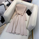 ALPHALMODA High Collar A-line Knit Dress Women's 2019 New Thickened Arrow Striped Women Elegant Sashes Knitted Dress
