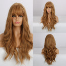 GEMMA Synthetic Long Wavy Dark Brown Golden Highlight Wig for Black Women African American Cosplay Wig with Bangs Heat Resistant