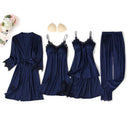 Black Sexy Women Robe Set Faux Silk Kimono Bathrobe Gown 5PCS Sleepwear Suit Hollow Out Lace Nightgown Home Wear Wedding Gift