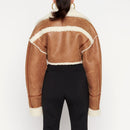 VGH Korean Fashion Patchwork PU Leather Colorblock Jacket For Women Lapel Collar Long Sleeve Zipper Coats Female Winter Clothing