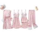 Black Sexy Women Robe Set Faux Silk Kimono Bathrobe Gown 5PCS Sleepwear Suit Hollow Out Lace Nightgown Home Wear Wedding Gift
