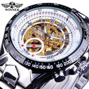 Forsining Waterproof Golden Black Skeleton Clock Two Button Decoration Mechanical Wrist Watches for Men Black Genuine Leather