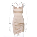 Dulzura Satin Women Strap Mini Dress Ruched Lace Up Cross Bandage Backless Bodycon Sexy Party Elegant 2023 Club Christmas Slim