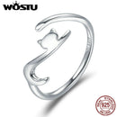 WOSTU 925 Sterling Silver Sticky Cat with Long Tail Finger Ring For Women Adjustable S925 Silver Ring Jewelry Gift CQR220