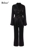 Bclout Green Vintage Two Piece Sets Women Autumn Suits Of Elegant Woman Long Sleeve Top And High Waist Pants 2 Piece Set Female