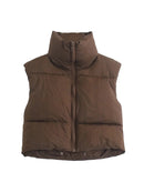 2022 Women Fashion Brown Cropped Vest Coat Female Stand Collar Zipper Waistcoat Ladies Casual Outerwear