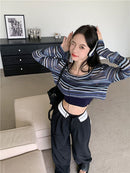 Deeptown Y2K Harajuku Striped T-shirts Women Crop Tops Vintage Streetwear Sexy Sweet Casual E Girl Long Sleeve T-Shirts Fashion