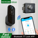 RAYKUBE指纹门锁，带蓝牙TT Lock APP密码智能卡，13.56mhz IC，可与网关WiFi Alexa T03配合使用