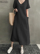 ZANZEA 2022 Women Long Maxi Summer Dress Casual Cotton Linen  Ladies Big Pockets Beach Party Robe Femme Vestidos