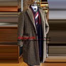 Winter Men Trench Coat Long Brown Herringbone Wool Blend Single Breasted Suit Jackets Tailored Made Groomsan Overcoat Man Blazer