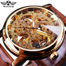 Winner Transparent Golden Case Luxury Casual Design Brown Leather Strap Mens Watches Top Brand Luxury Mechanical Skeleton Watch