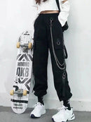 女式工装裤 2021 哈伦裤时尚朋克口袋慢跑裤带链原宿松紧高腰街头服饰