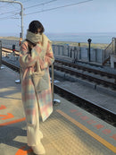 2022 Winter Rainbow Woollen Overcoat Women Casual Plaid Long Coats Office Lady Y2k Clothing Korean Fashion Trench Coats Jacket