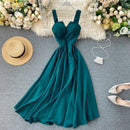 FMFSSOM 2022 Summer V-neck Sexy Open Back Red Dress Women Knee-length Bohemian Style  Solid Spaghetti Strap Party Clothing