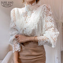 Chic Hollow Out Flower Lace Shirt Stand-Collar All-Match Summer Blouses 2022 Petal Sleeve Patchwork Women Top Femme Blusas 12419