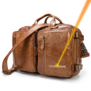 Men Genuine Leather Laptop Backpack 15" PC Crazy Horse Leather Business Bag 3 Use Cow Leather Shoulder Bags 3 Layer Work Tote