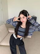 Deeptown Y2K Harajuku Striped T-shirts Women Crop Tops Vintage Streetwear Sexy Sweet Casual E Girl Long Sleeve T-Shirts Fashion