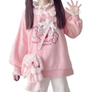 2022 Autumn Women Lace Neck Cute Hoodies Harajuku Kawaii Sweatshirt Lolita Girl Pink Pullover Lamb And Candy Embroidery Sudadera