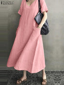 ZANZEA 2022 Women Long Maxi Summer Dress Casual Cotton Linen  Ladies Big Pockets Beach Party Robe Femme Vestidos