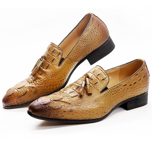 Luxury Men's Leather Dress Shoes Crocodile Prints Casual Men Shoes Black Brown Slip on Tassels Loafers Office Wedding Shoe Male