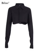Bclout Casual Crop Top Women Blouses Fashion Turn Down Collar White Shirt Flare Sleeve Blouse Female Autumn Sexy Tops Woman 2022