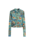 CHEERART Fall 2020 Women Mesh Dragon Print Shirt Long Sleeve Top Button Up See Through Top Fashion Designer Clothing