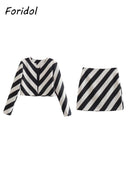 Office Lady Striped Print White Black Elegant Mini Skirt Suits Slim Crop Top Femme Clothing Sets Spring Fashion Retro Suit