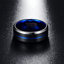 NUNCAD Men's 8mm Tungsten Carbide Groove Ring Blue & Black Matte Finish Beveled Edge Wedding Band