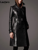 Lautaro Autumn Long Red Crocodile Print Leather Trench Coat for Women Belt Double Breasted Elegant British Style Fashion 2021